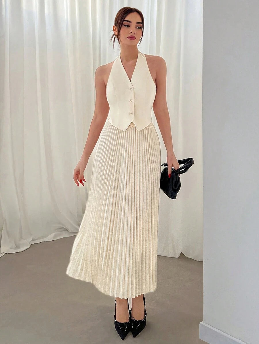 Conjunto Elisa Elegante com Colete Frente Única e Saia Plissada