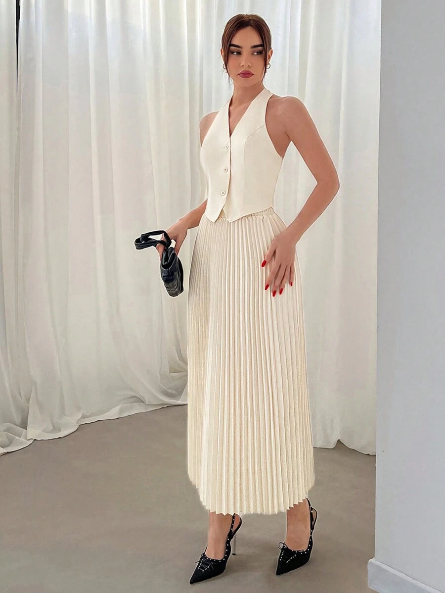 Conjunto Elisa Elegante com Colete Frente Única e Saia Plissada