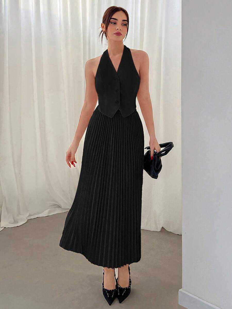 Conjunto Elisa Elegante com Colete Frente Única e Saia Plissada