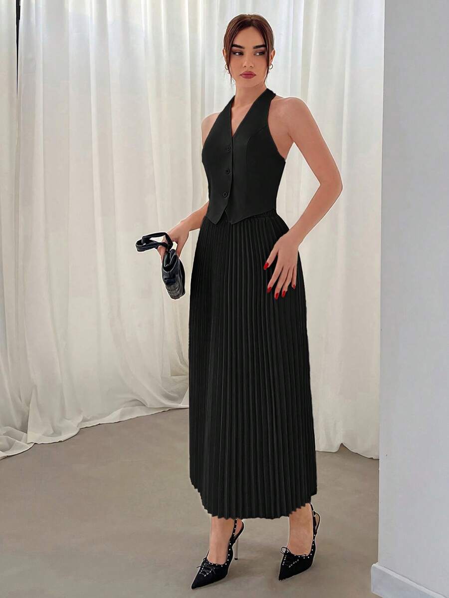 Conjunto Elisa Elegante com Colete Frente Única e Saia Plissada