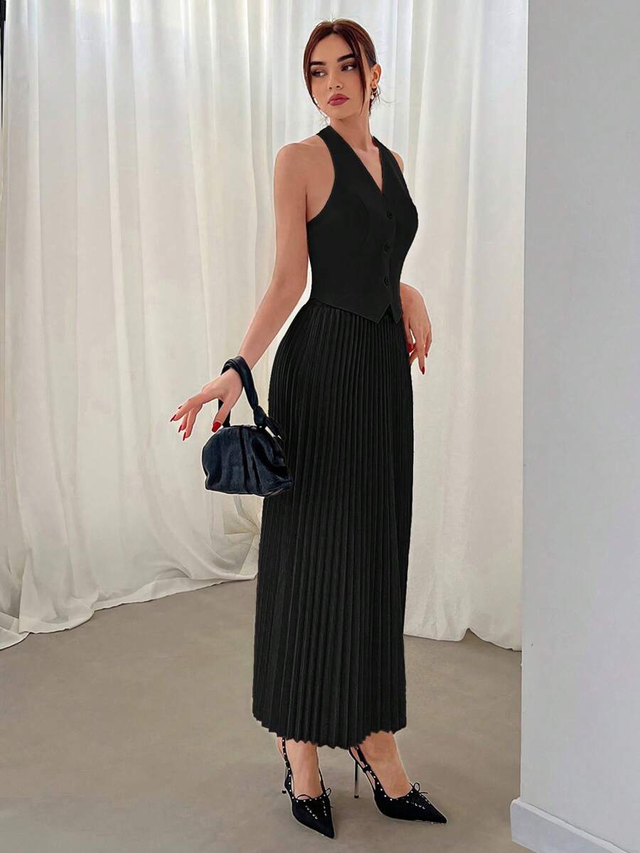 Conjunto Elisa Elegante com Colete Frente Única e Saia Plissada