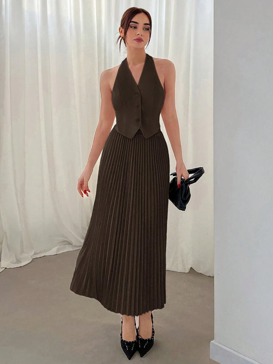 Conjunto Elisa Elegante com Colete Frente Única e Saia Plissada