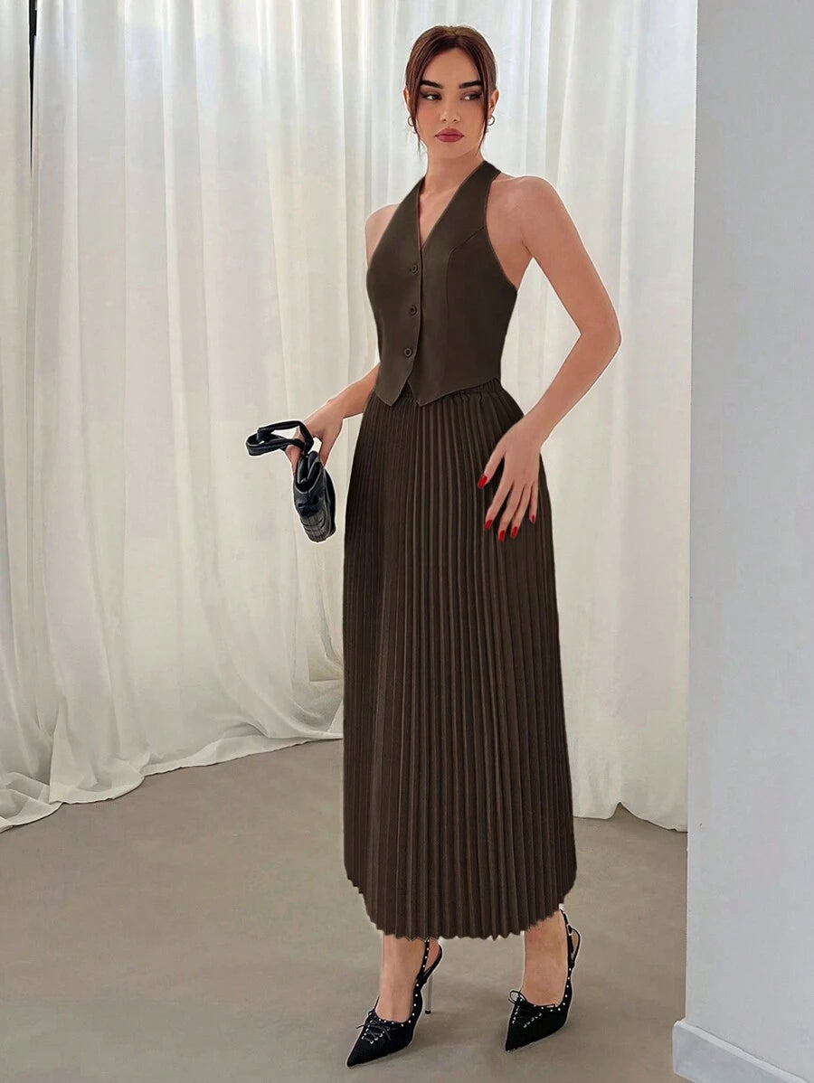 Conjunto Elisa Elegante com Colete Frente Única e Saia Plissada