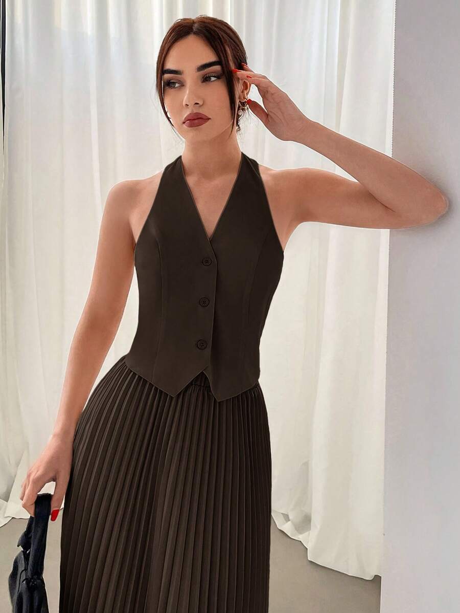 Conjunto Elisa Elegante com Colete Frente Única e Saia Plissada