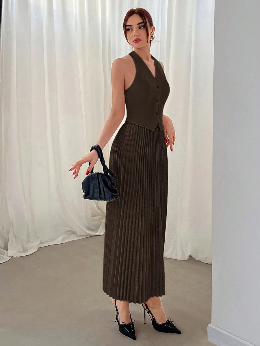 Conjunto Elisa Elegante com Colete Frente Única e Saia Plissada