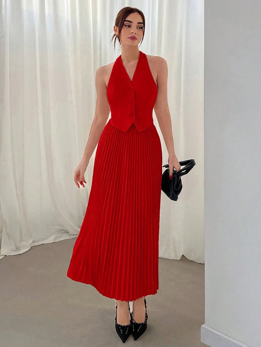 Conjunto Elisa Elegante com Colete Frente Única e Saia Plissada