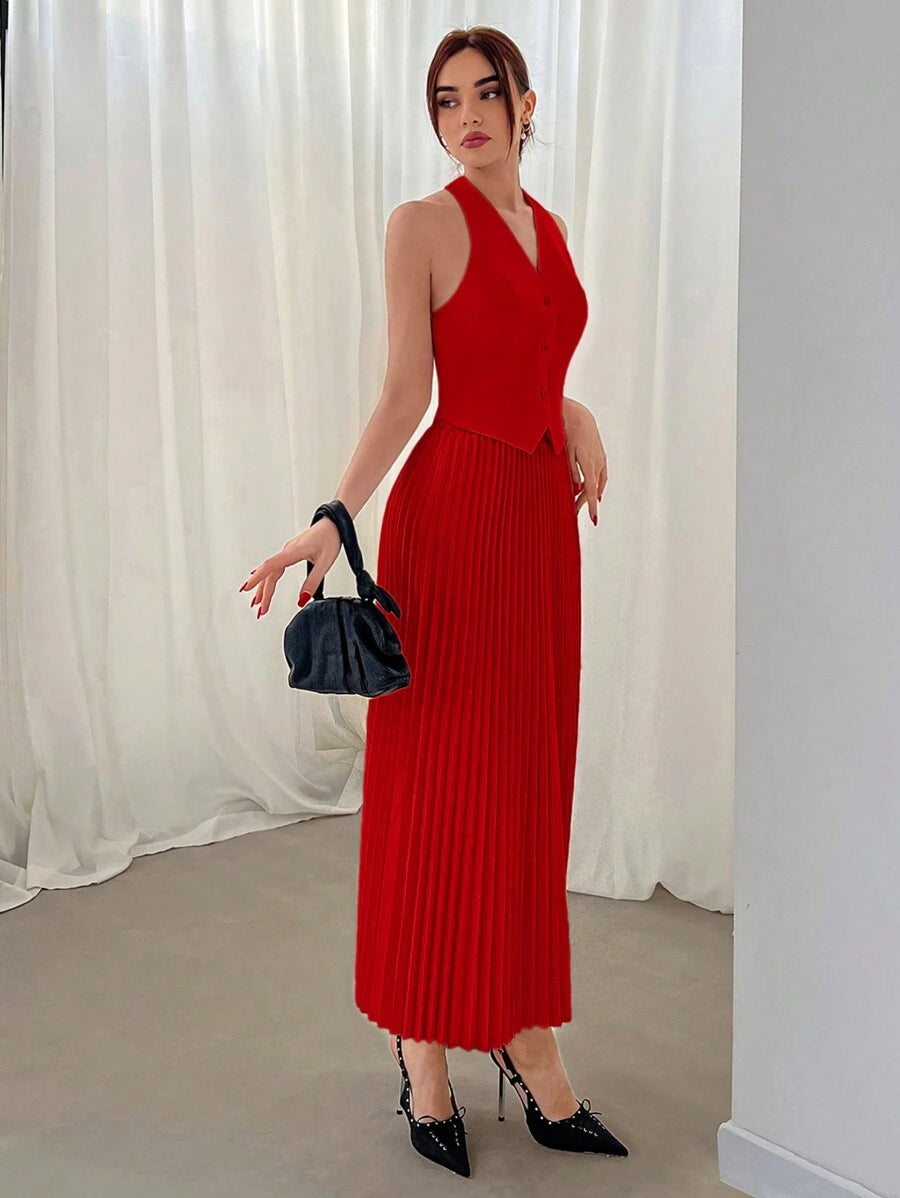 Conjunto Elisa Elegante com Colete Frente Única e Saia Plissada