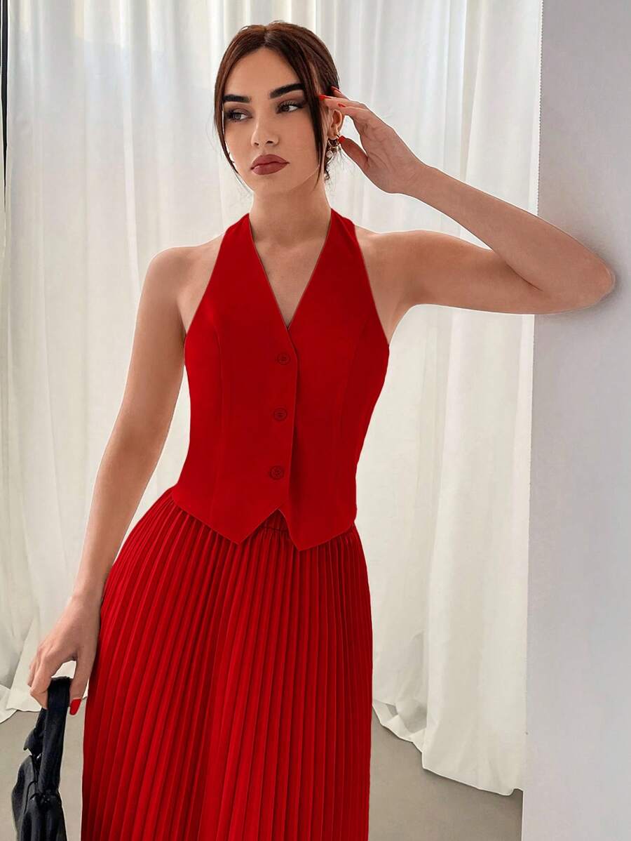 Conjunto Elisa Elegante com Colete Frente Única e Saia Plissada