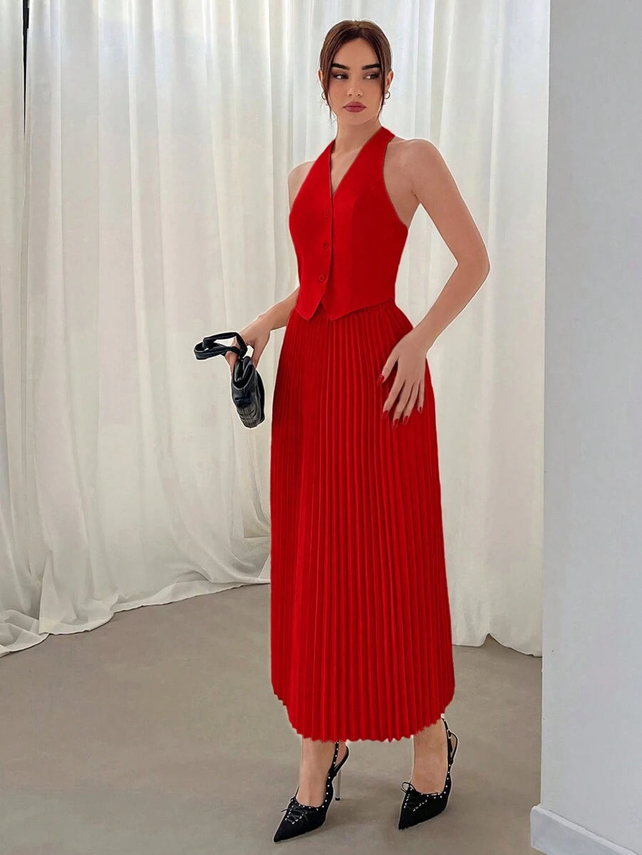 Conjunto Elisa Elegante com Colete Frente Única e Saia Plissada